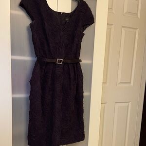 Alex Evenings Dark Purple Rosette Textured Midi Dress with Belt
